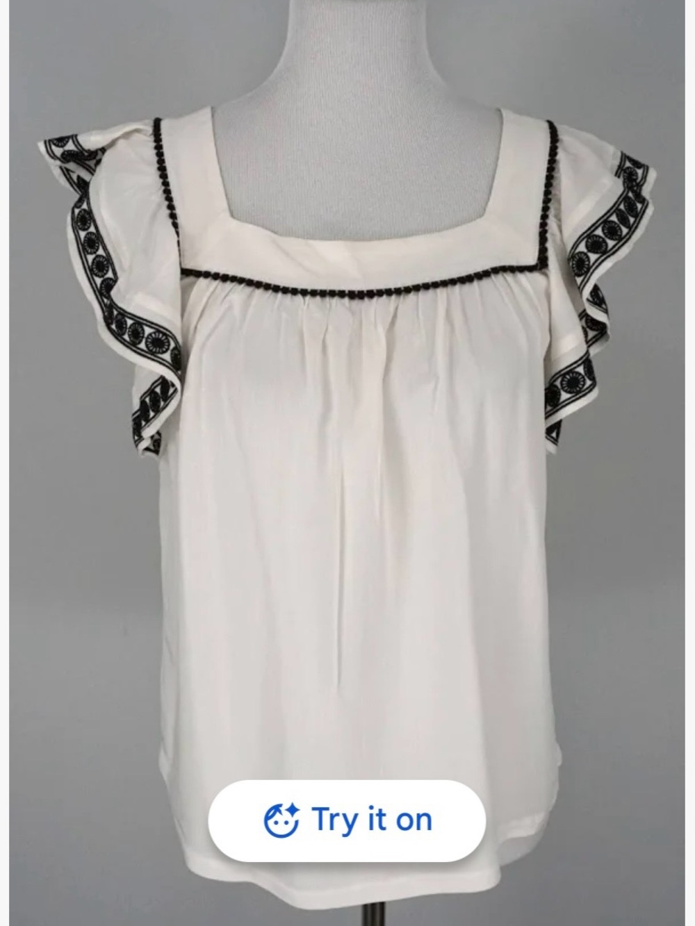 LOFT White Ruffled Flutter Sleeve Top with Black Embroidery size M